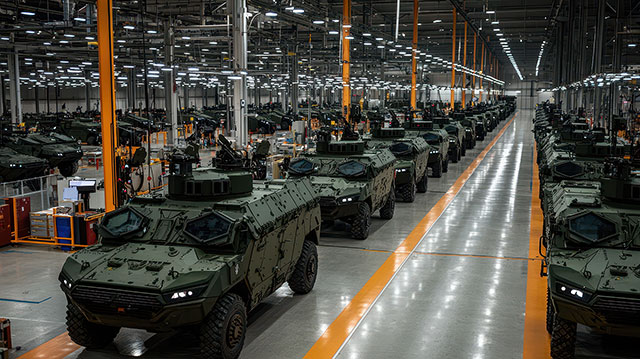 Background image showing military trucks with equipment